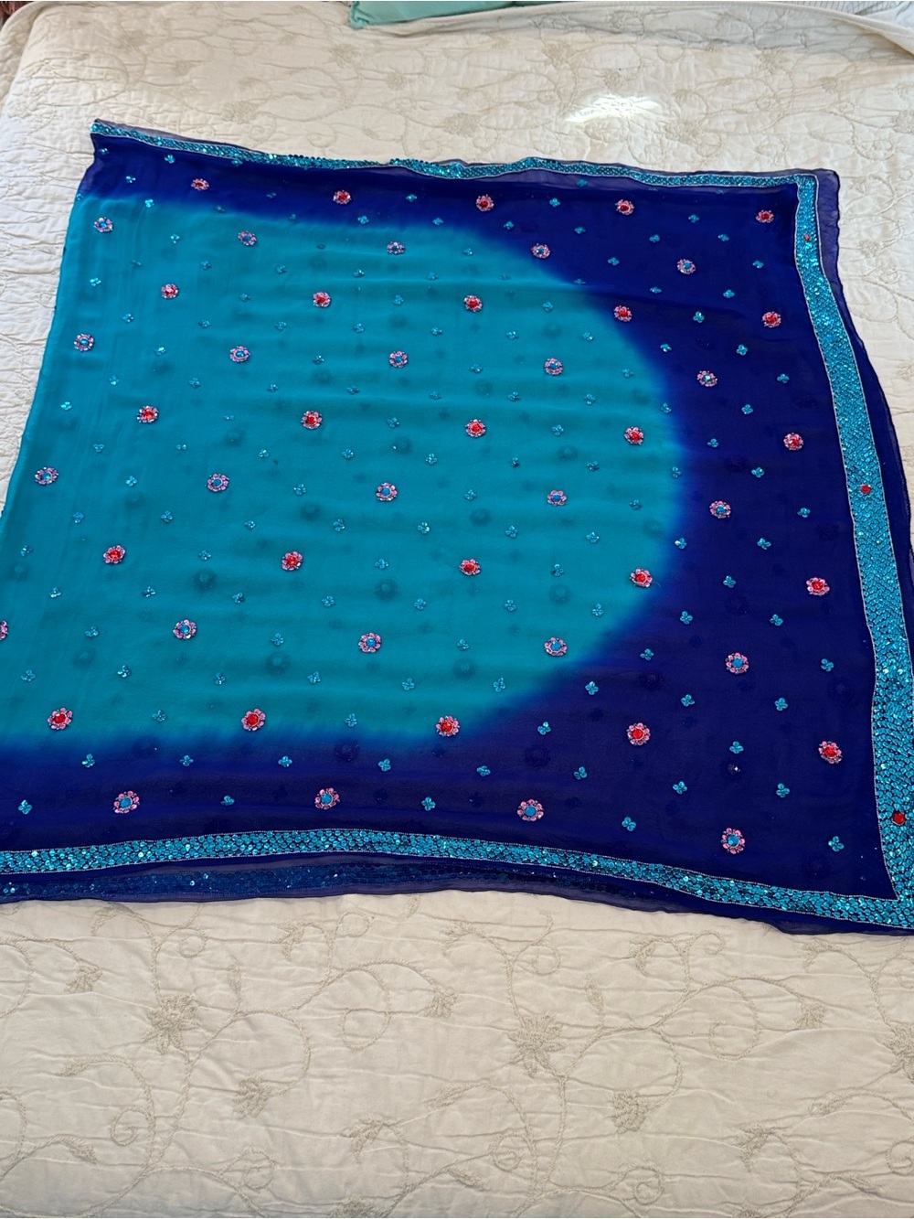 Indian Dupatta scarf- sequin & bead Embellished Ombre Teal Navy - Women's